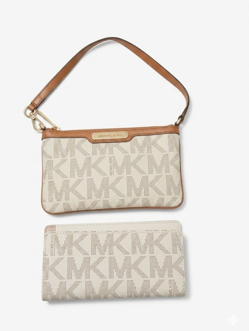 Michael Kors Jet Set Cream Logo Wristlet and Matching Checkbook Wallet
